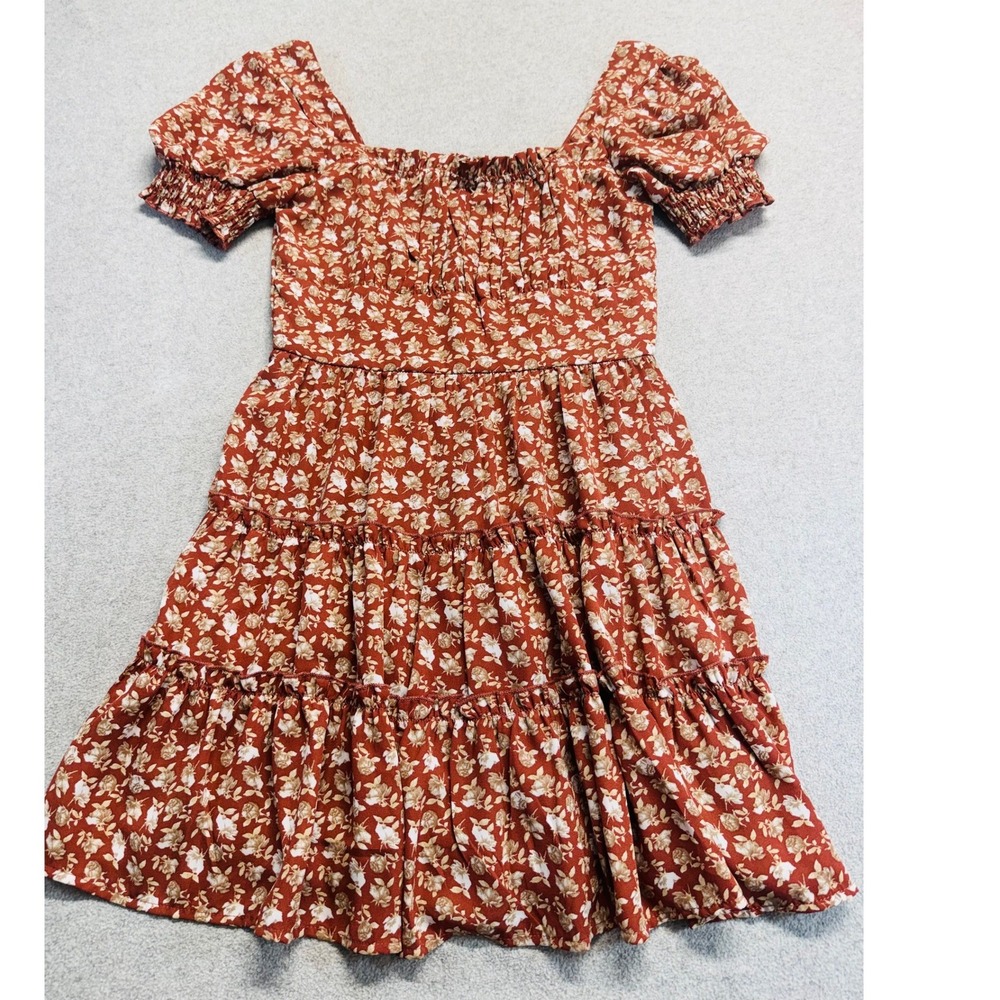 Trixxi Tiered Mini Dress Womens Medium Rust Orange Floral Puff‎ Sleeve Boho